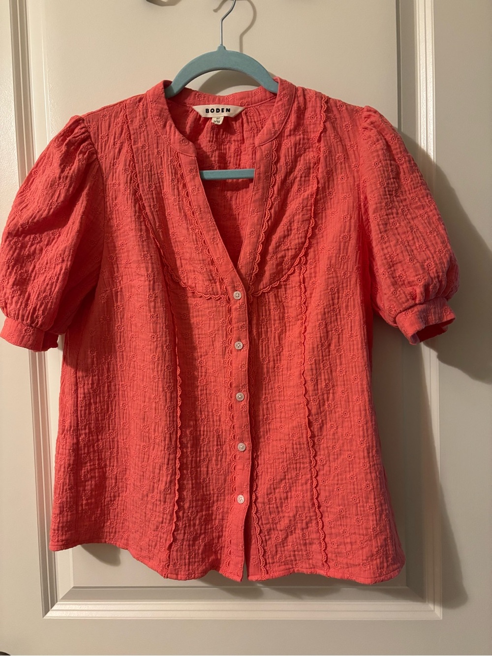 Boden Coral Puff-Sleeve Button-Front Blouse - Size Small / US 4